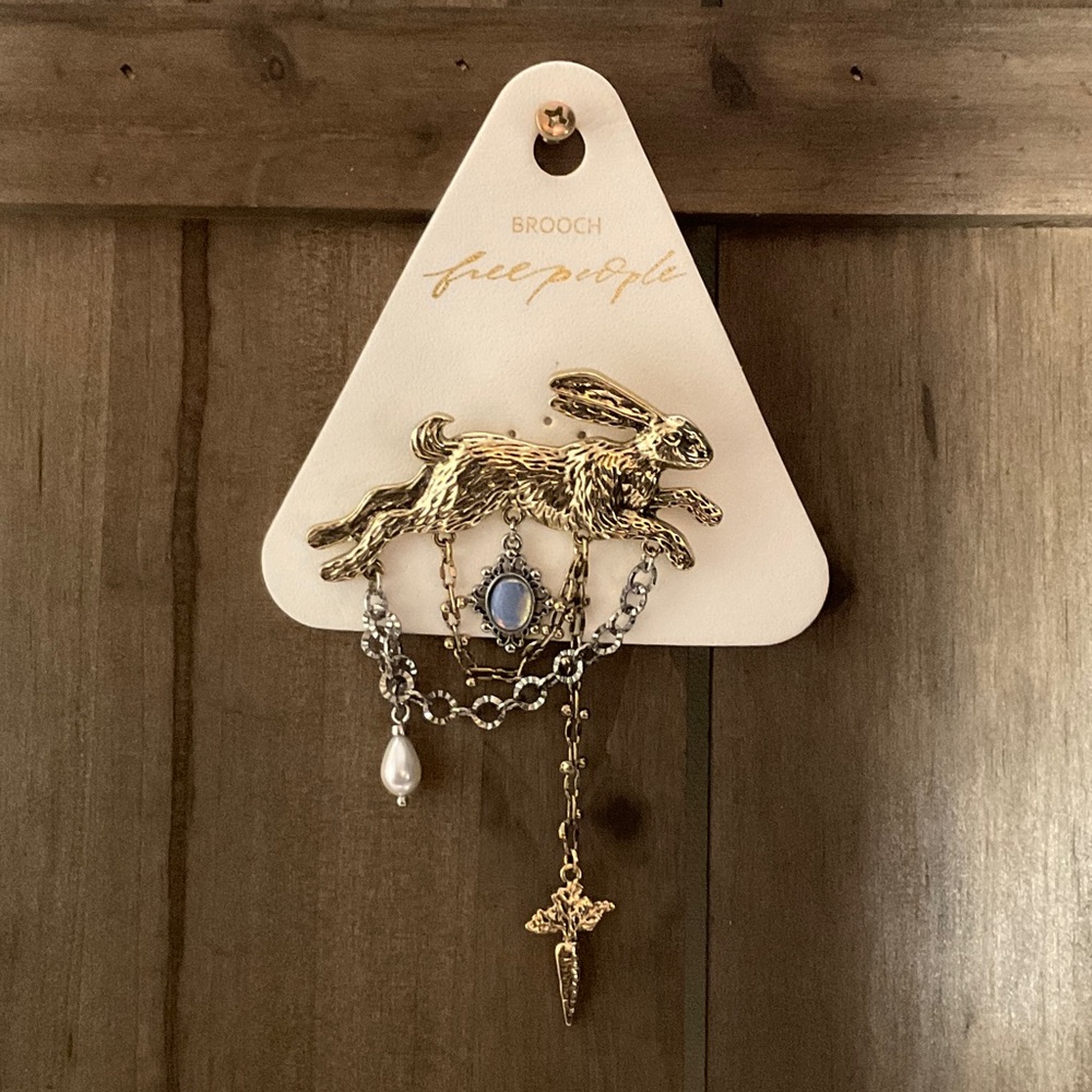 Free People Gold Rabbit Brooch with Blue and Silver Chains